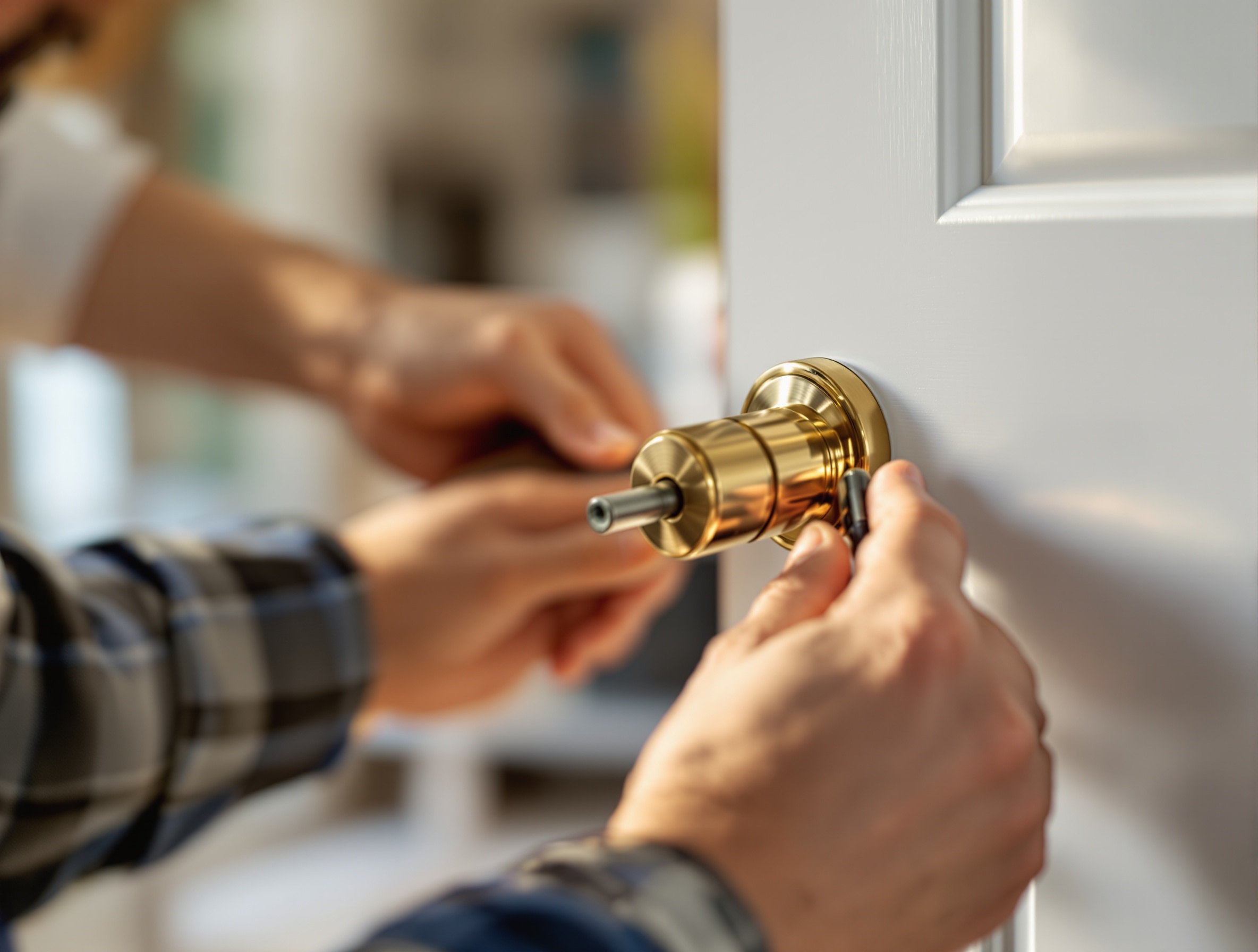 Professional deadbolt lock installation on a residential door